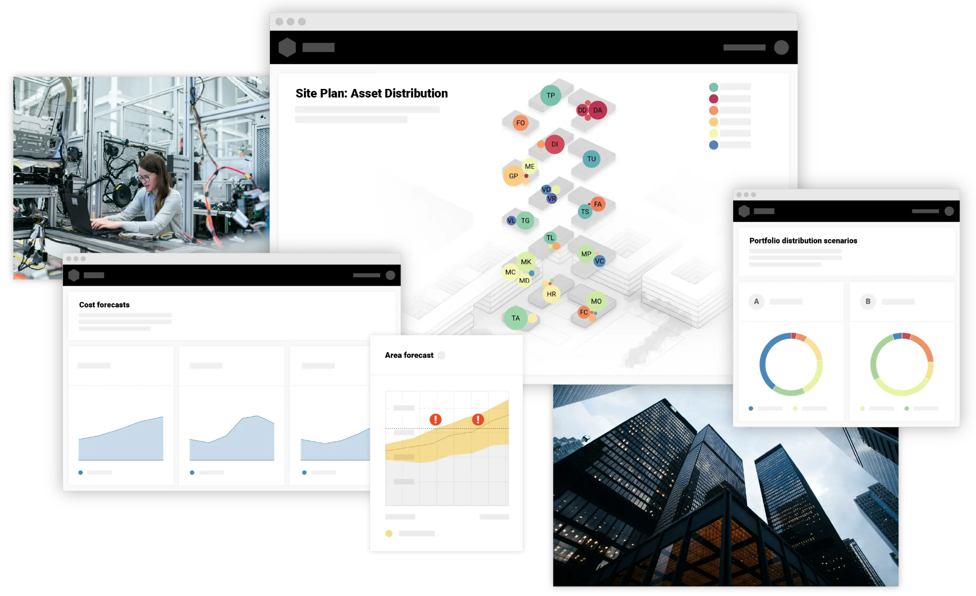 CAFM dashboards: site plan, cost forecasts, area forecast and portfolio scenarios